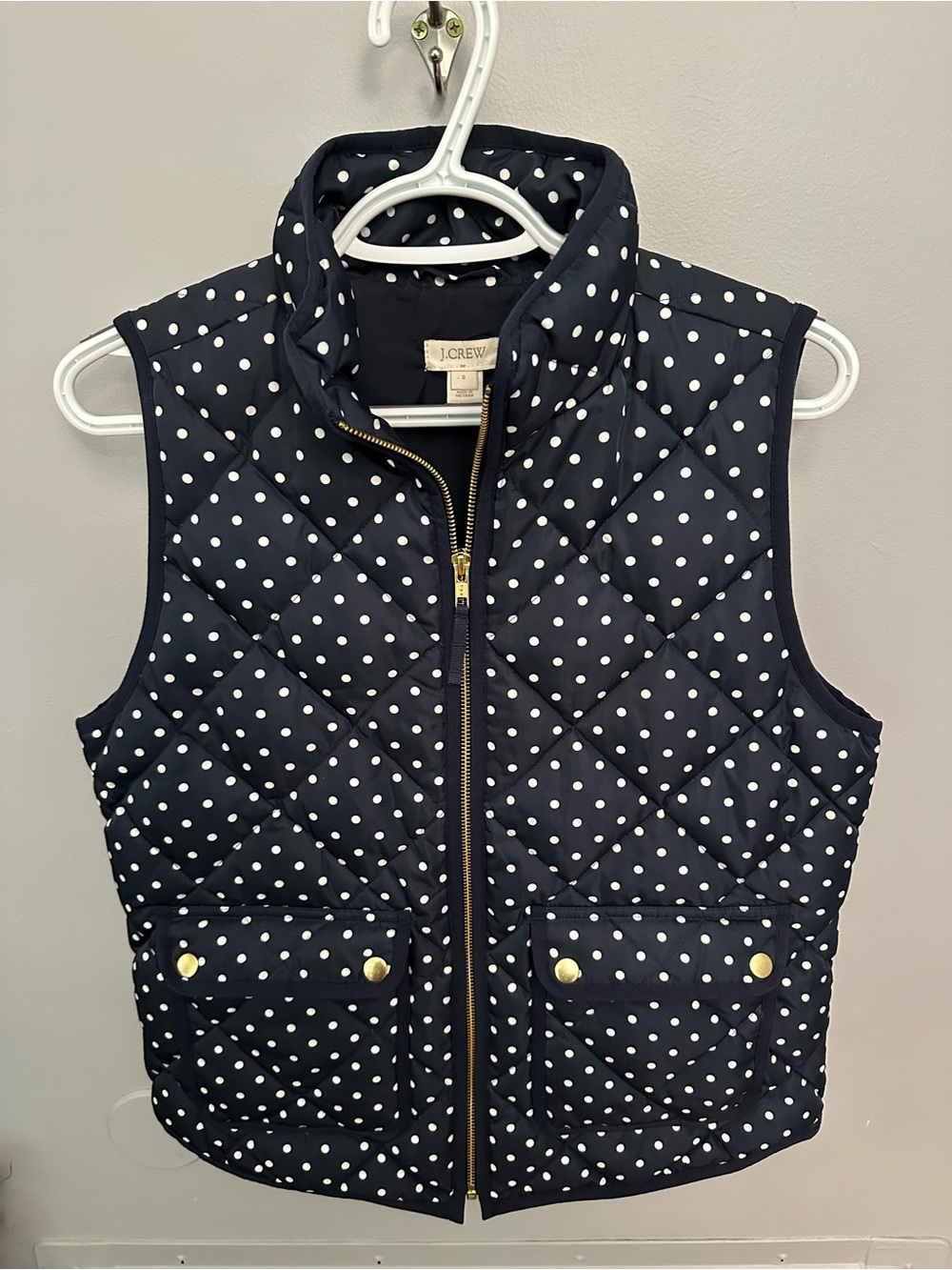 J. Crew Navy Polka Dot Quilted Vest with Gold Hardware